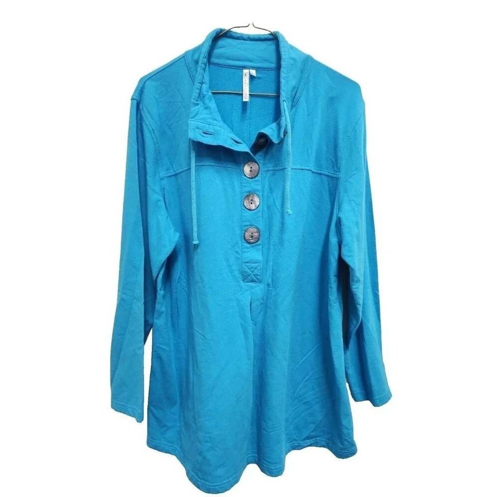 Lulu B Pullover Tunic Top Womens Large Blue Long Sleeve 1/4 Button Mock Neck